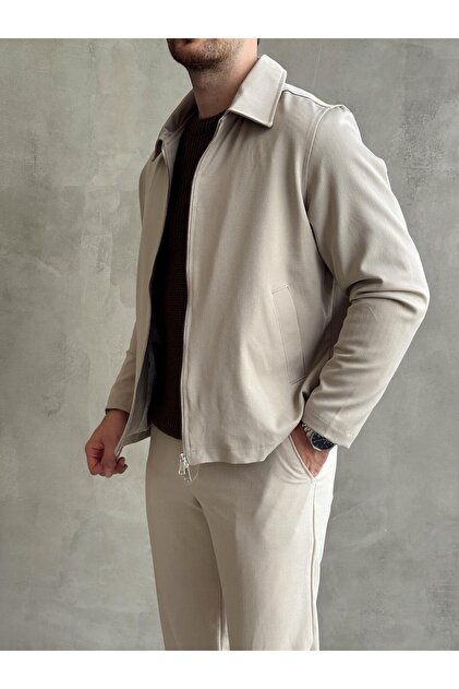 HAVANO Erkek Krem Kısa Gabardin Ceket Regular Fit Kışlık Mont