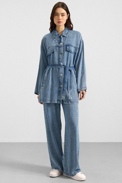 Snap Fastener Soft Denim Jacket and Trousers Set Blue 9398-Tk