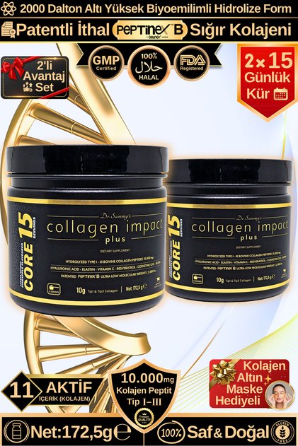 Collagen Impact Plus Core 15 - 2-Pack Advantage Set Type 1-3 Hydrolyzed Powder Collagen Peptide (1 Month Cure)
