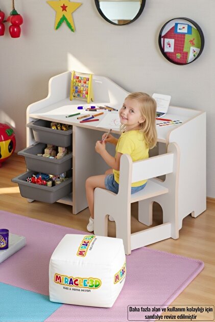 MİRACLE 3D Çocuk Oyun Aktivite Masası 90x44 Cm 3 Sepetli Çocuk