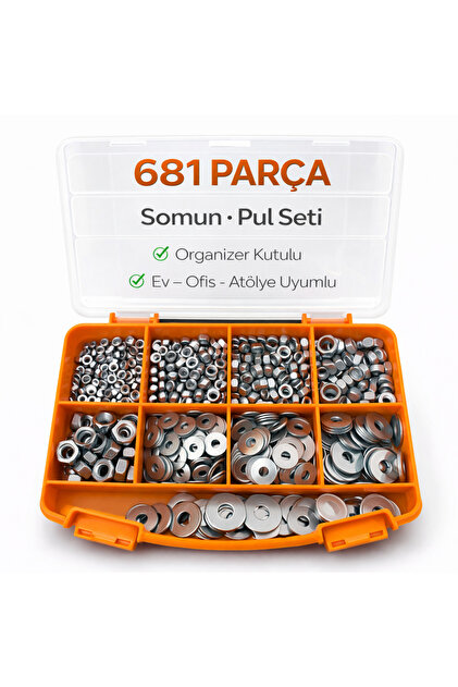 Civtex 681 Parça 9 Çeşit Somun ve Pul Seti – DIN 934, Organizer