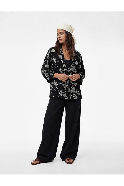 Keten Karışımlı Uzun Kollu Kruvaze Çiçekli Kimono Ceket