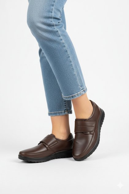 Brown Genuine Leather Orthopedic Sole Suitable for Heel Spurs Daily Comfortable Women's Shoes Tmd202525