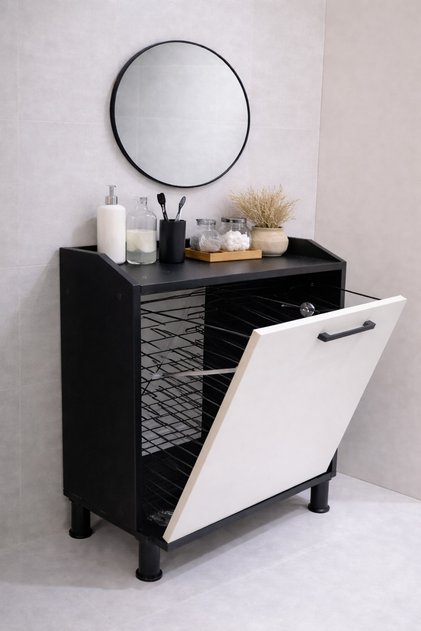 Kirli Çamaşır Sepetli Çok Amaçlı Iki Bölmeli Ahşap Banyo Dolabı 4 Farklı Renk Seçeneği