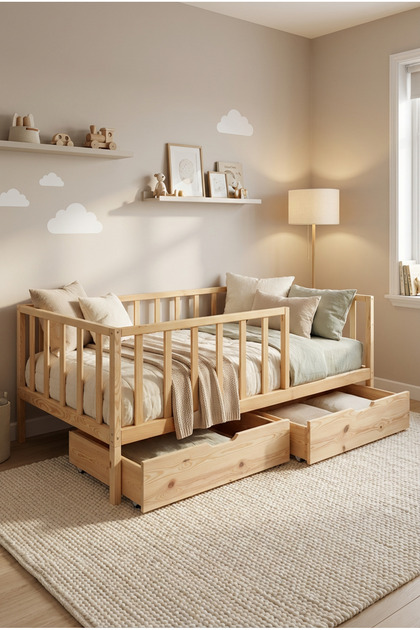 Star Plus Çekmeceli Montessori Bebek ve Çocuk Karyolası Unisex Doğal Ahşap Yatak