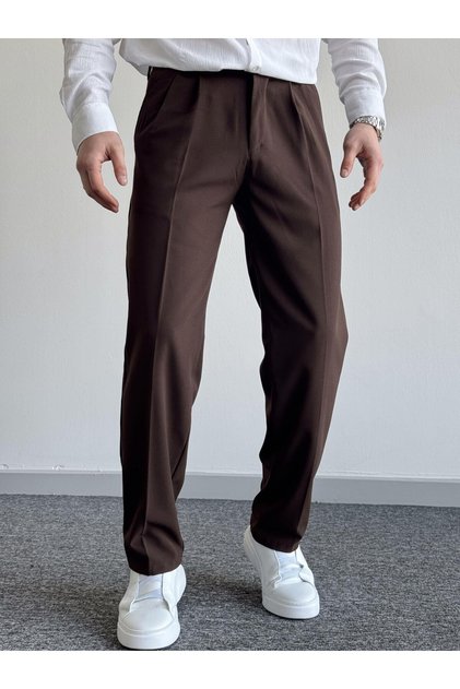 Erkek Kahverengi Baggy Kalıp Kumaş Pantolon Günlük Şık Casual