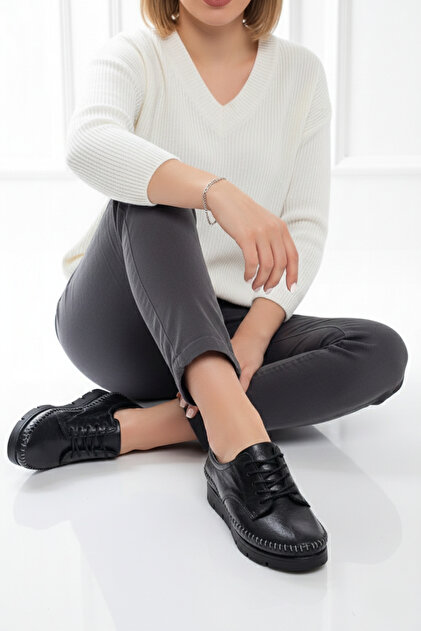 Genuine Leather Women's Black Leather Ballerinas Ars-0768