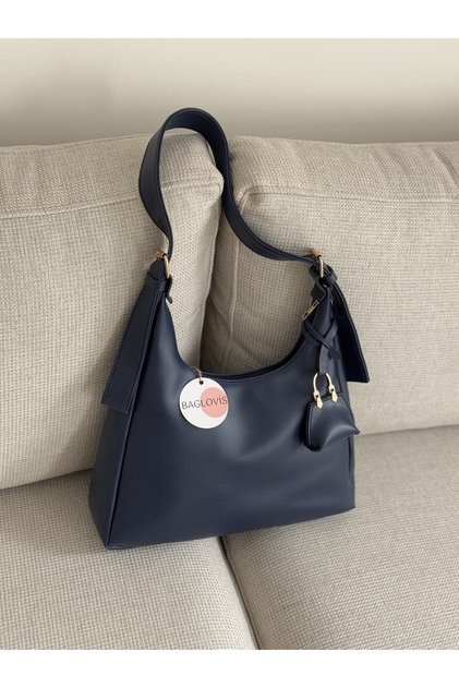 Navy Blue Women's Shoulder Bag with Hook and Clasp Detail and Small Wallet En34 Boy22