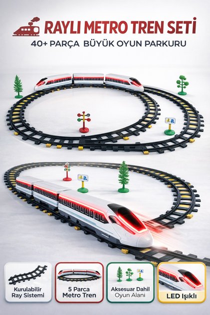 Pilli Otomatik Giden Müzikli Işıklı Aksesuarlı Manyetik Oyuncak Tren - 40 Parça 308 cm Tren Seti