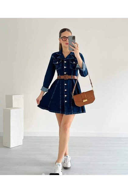 Women's Denim Mini Dress with Belt Detail
