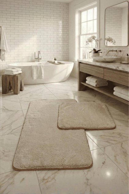 Bonnie Tavşan Tüyü, Kaymaz Taban, Pofuduk, Ultra Lüks, Yıkanabilir 2'li Banyo Paspası