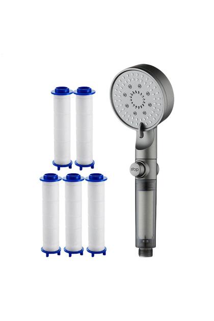 As shown 5-Mode Filtered Shower Head High Pressure Adjustable Sprayer with 5 Filters Water Saving Ha