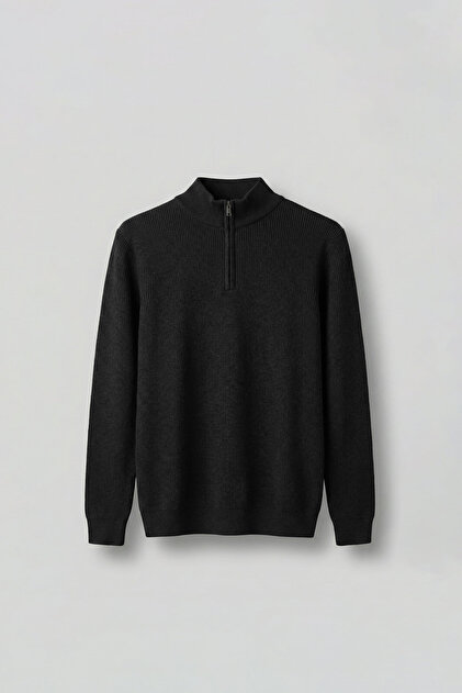 Men's Regular Fit Zippered Premium Fabric Sweatshirt Black