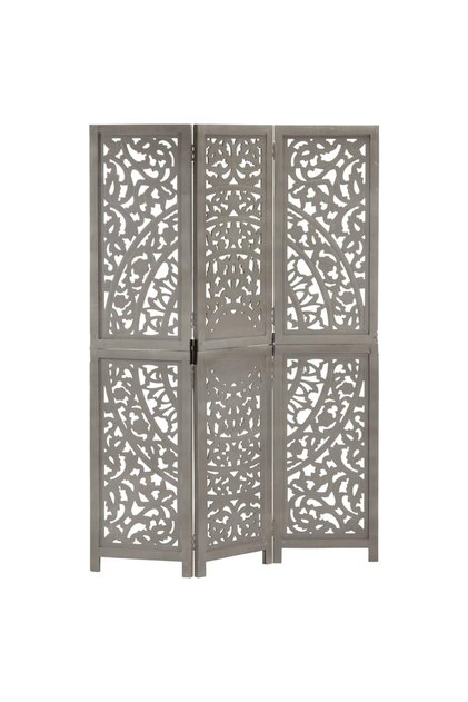 Hand carved 3-Panel Room Divider Grey 120x165 cm Solid Mango Wood