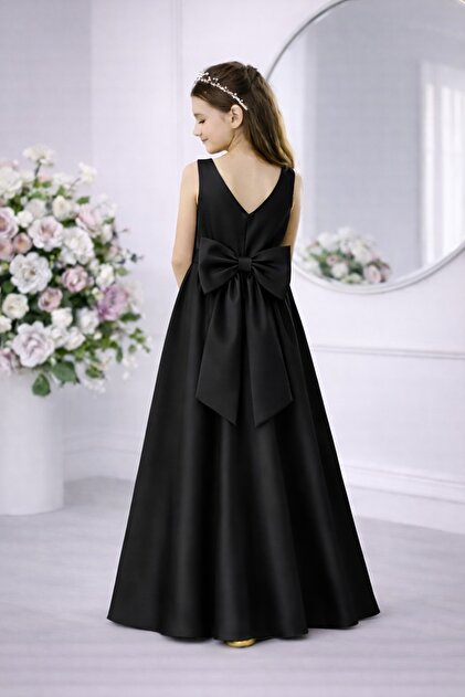 SUNEH Girl's Black Satin Crew Neck Plain Dress Graduation Birthday Evening  Dress- Trendyol