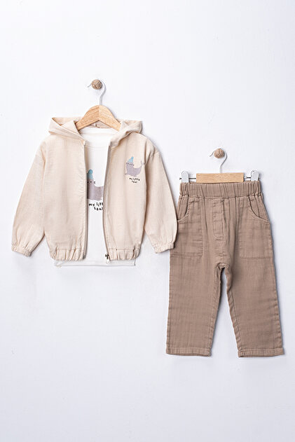 6-24 Months Little Sea Lion Print Hooded Zipper Cardigan Thick Muslin Washed Pants 3-Piece Baby Set