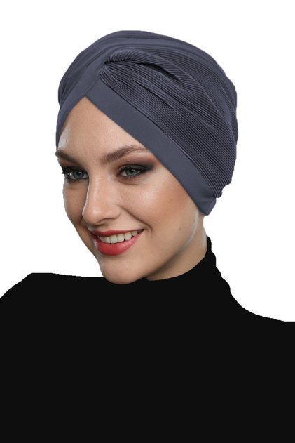 Cross Pleated Lined Dark Gray Ready-Made Turban Hijab Pool Cap Suitable for Medical Use