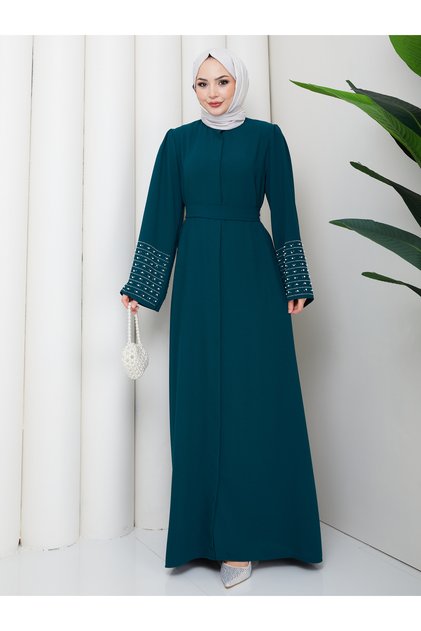 Stone-Embellished Sleeve Abaya Modest Wear Women's Ferace Dress
