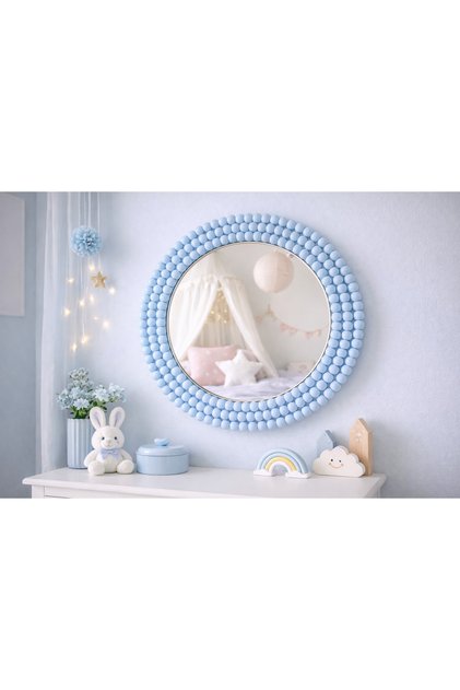 Çocuk Odası için Boncuklu Duvar Aynası Mavi 35 cm – Dekoratif Ayna