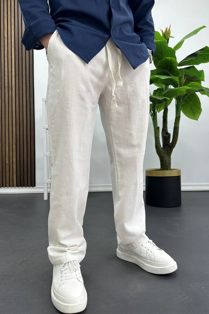 Men's Cotton Linen Look Trousers Off-White Edw443