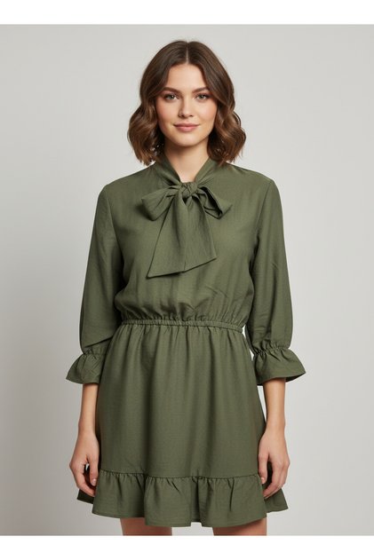 Women's Khaki Elastic Waist Skirt and Sleeve Ruffle Mini Dress Rop12