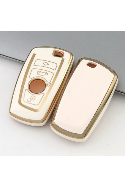 Bmw Compatible 1, 3, 5, 7 Series, F30, F25, F20, F18, F16, F15, F10, X1, X3, X4, X5 Gold Edge Tpu Key Case Cover (White)