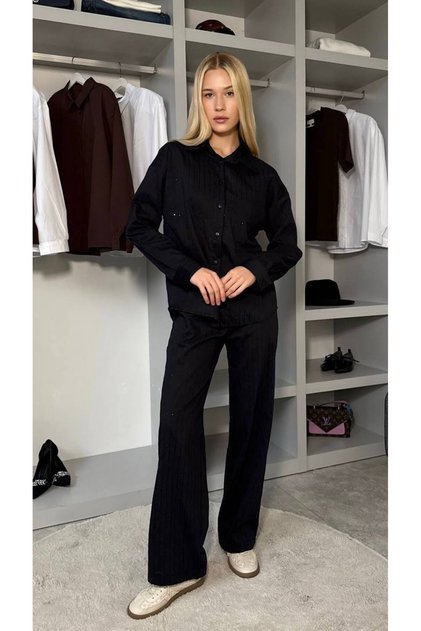 Women's Sequin Stripe Detailed Black Suit