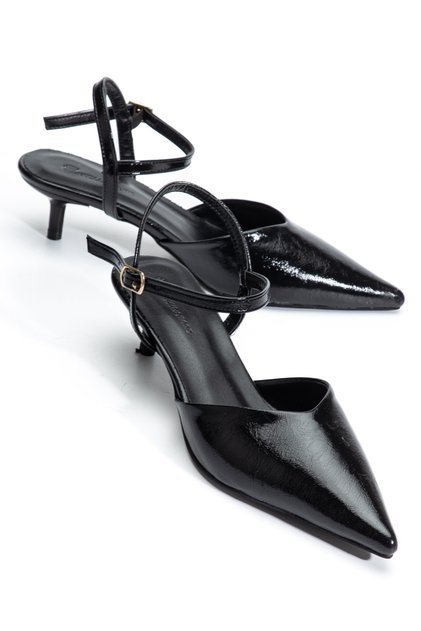 Lena Women's Black Wrinkled Patent Leather Pointed Toe Heeled Shoes