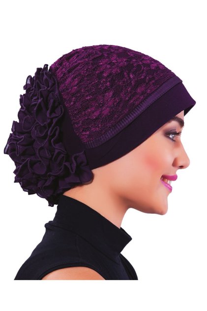 Corded Ruffled Front Pleated Piped Purple Ready-To-Wear Turban Hijab Bonnet Suitable for Medical Use