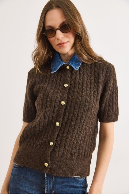 Women's Brown Denim Collared Soft Textured Short Sleeve Knitwear Cardigan Hrk-19000467