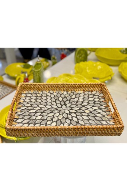 ANTRASİT ÇİÇEK RATTAN SEDEFLİ TEPSİ 23X32X3CM