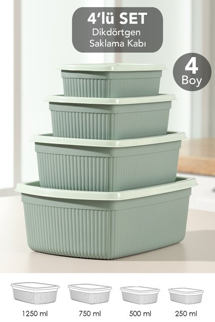 Set of 4 Rectangular Storage Containers - Microwave Safe Food Containers 1.25L 0.75L 0.5L 0.25L Green