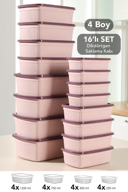 Set of Striped Rectangular Storage Containers - Microwave Safe Food Containers 1.25L 0.75L 0.5L 0.25L Pink