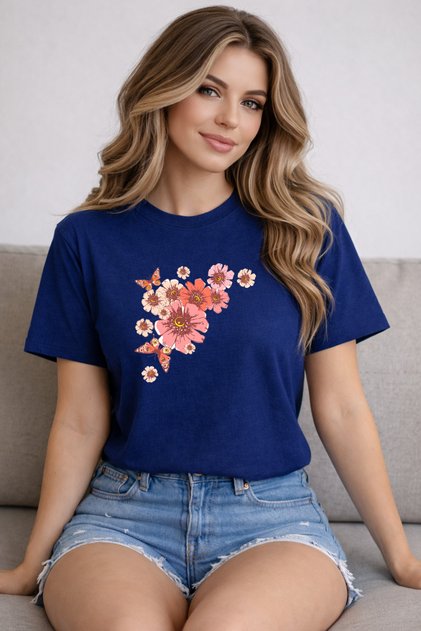 Basic T-Shirt with Pink Flowers Print Detail