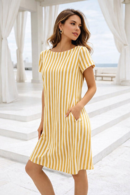 knee length dresses for ladies Yellow striped cotton maxi dress – DESTREE main image 1