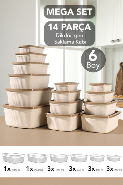 Set of 14 Striped Rectangular Storage Containers - 6 Sizes Microwave Safe Organizer Food Container Beige