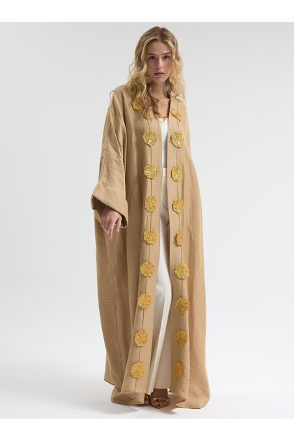 Beige Linen Abaya with Gold Stripes and Sequin Floral Embroidery