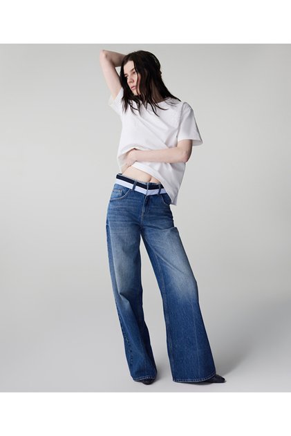 Contrast Waistband Wide Leg Jean Pants