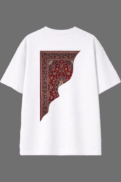 Half Ethnic Carpet Design Back Printed White Oversize T-Shirt