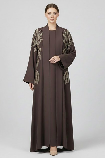 Luxury Dark Brown 2 Piece Abaya Set With Inner Leaf Embroidery Modern Modest Wear Women Dress