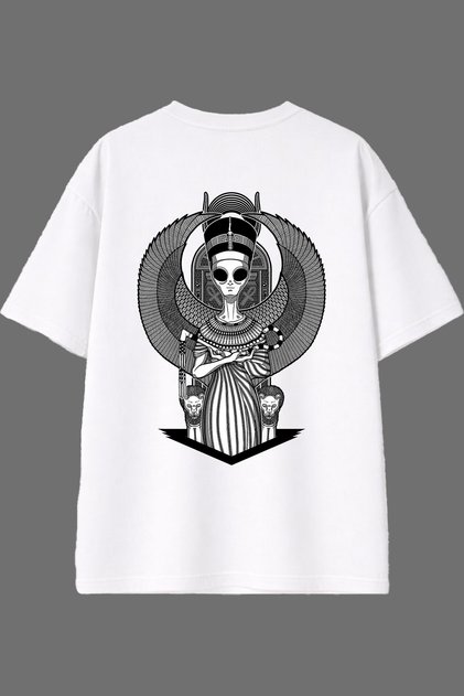 Alien Egyptian Design Back Printed White Oversize T-Shirt