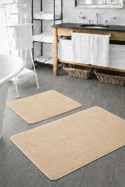 Peluş Yıkanabilir Bej Kaymaz Taban 2'li Banyo Paspası Takımı (50X80 50X40)