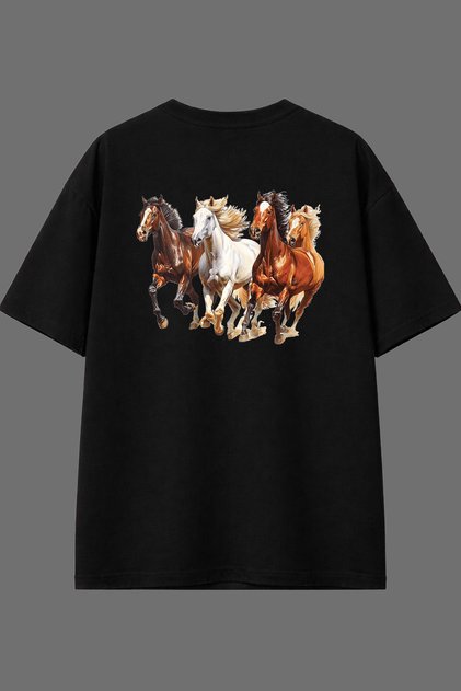 Running Horses Design Back Printed Black Oversize t Shirt