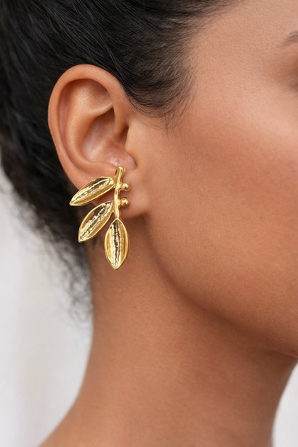 Olea Line Women's Yellow Steel Olive Branch Leaf Nail Earrings