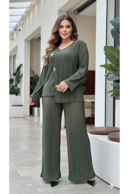 Costum de seară elastic pentru femei, mărime mare, din țesătură plisată, cu guler dublu și broșă cu stea de mare 26033