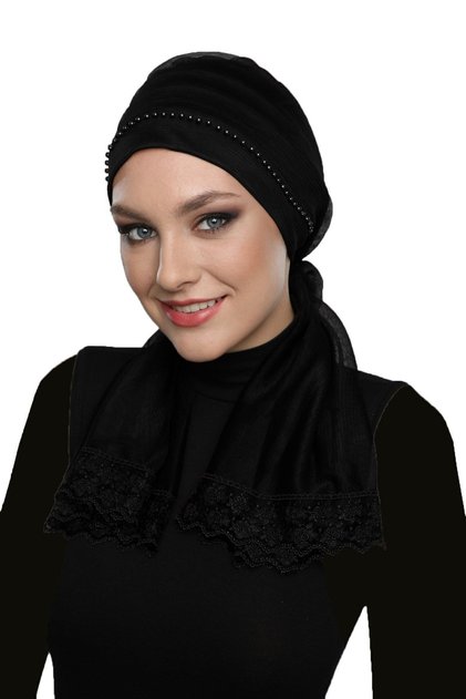 Pearled Tulle Tied Tulle Coated Lace Pearl Embroidered Black Outer Bonnet Hijab Evening Dress