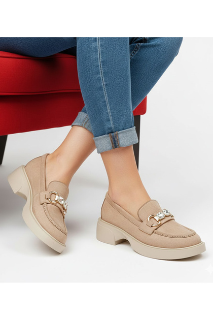 Women's Nut Suede Stone Buckle Loafer Shoes