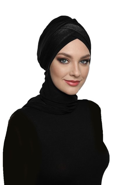 Black Ready-To-Wear Turban Hijab with Cross-Pleated Scarf Lining, Suitable for Medical Use