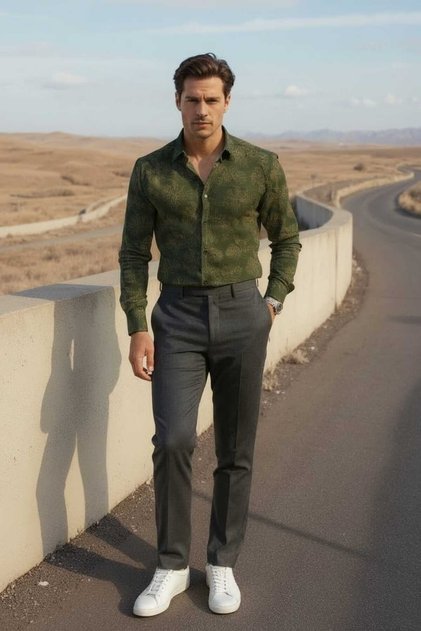 Thin Leaf Patterned Long Sleeve Men's Shirt