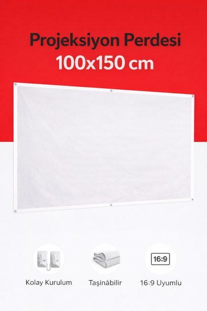Ev Sineması Projeksiyon Perdesi 100x150 cm Duvar Tipi Katlanabilir Taşınabilir Beyaz Ekran